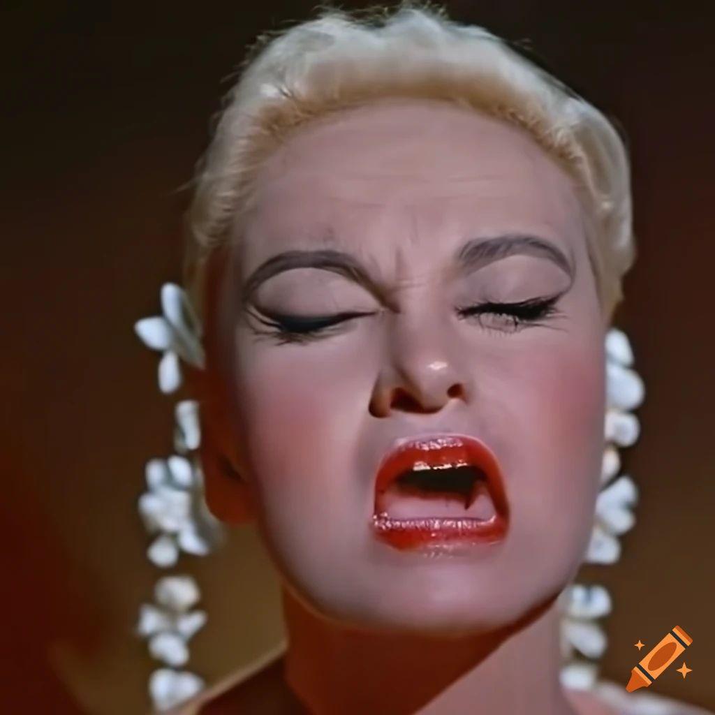 Closeup of Kim Novak sleeping in traditional Hawaiian garb with an unhappy expression