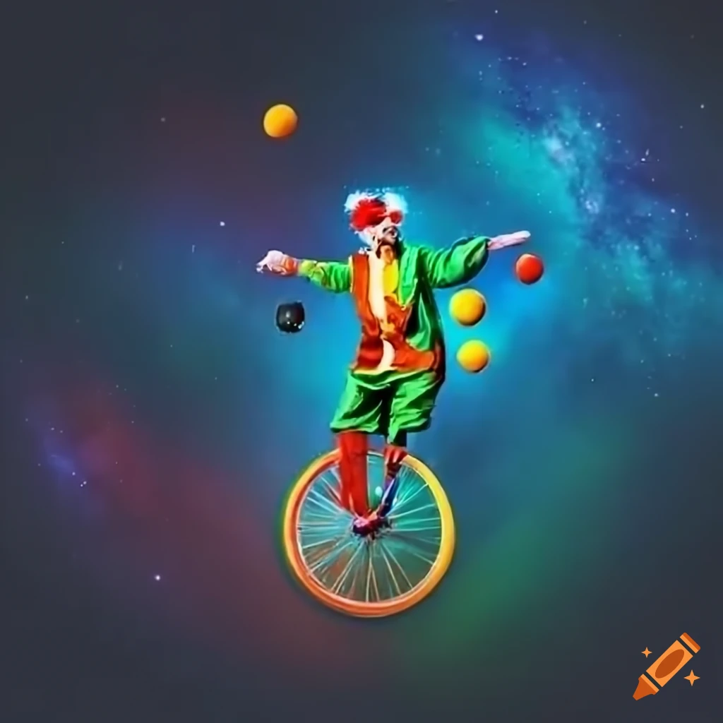 Clown juggling balls with a unicycling clown and tightrope walker