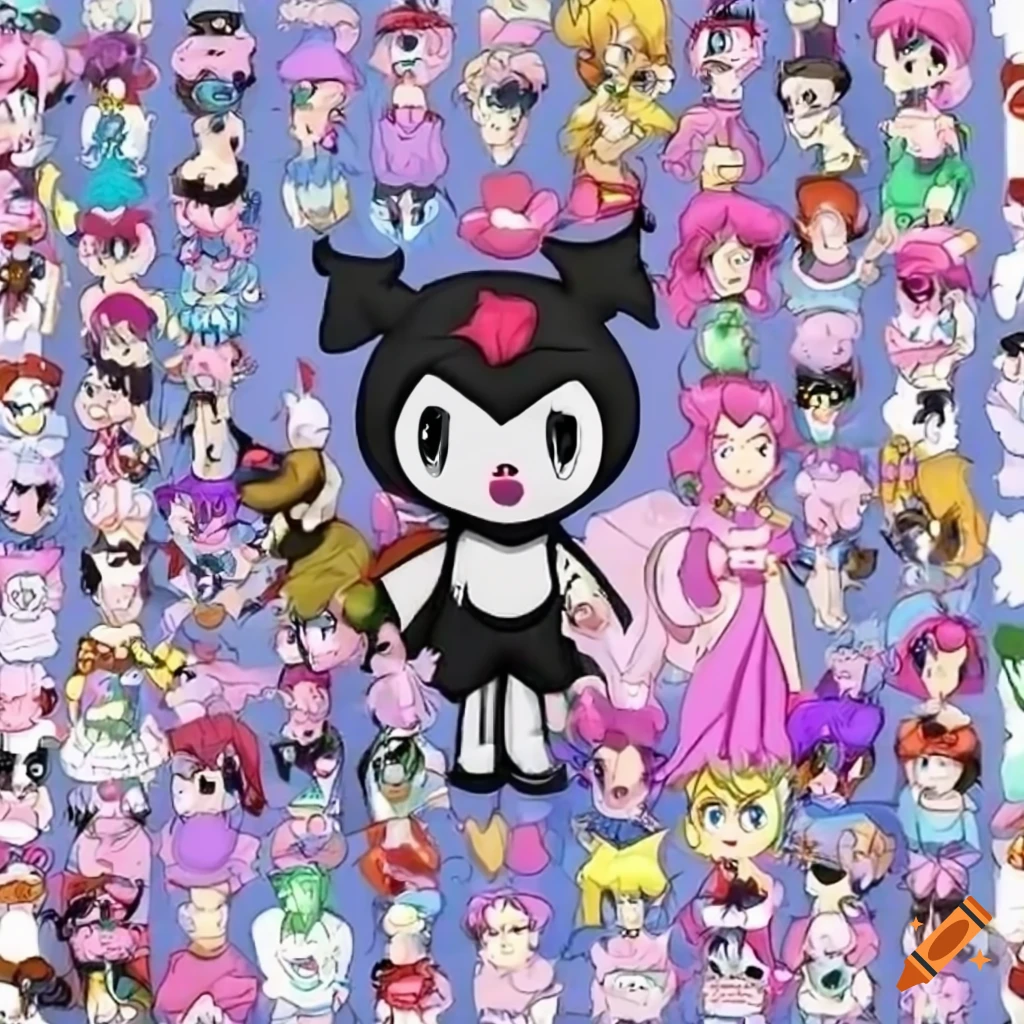 Artistic fusion of various fictional characters including Kuromi, Princess Peach, Riley Freeman, Goku, and others