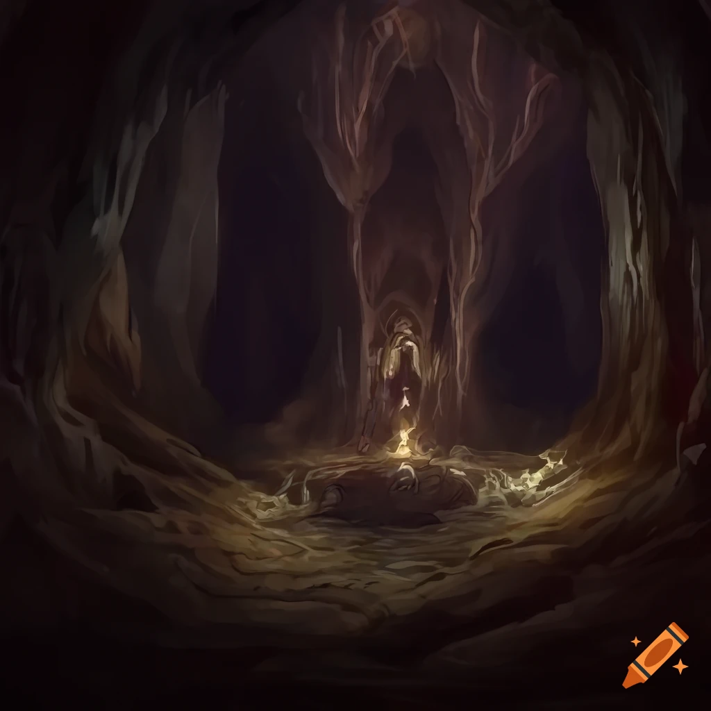 Clearing in the underdark with two caves, one leading upwards and one leading downwards