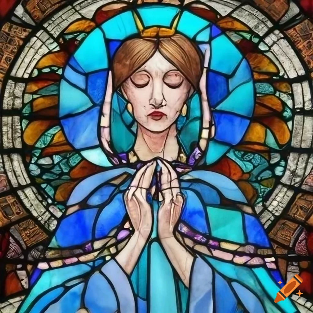 Stained glass art of a lady in blue reaching out with closed eyes and