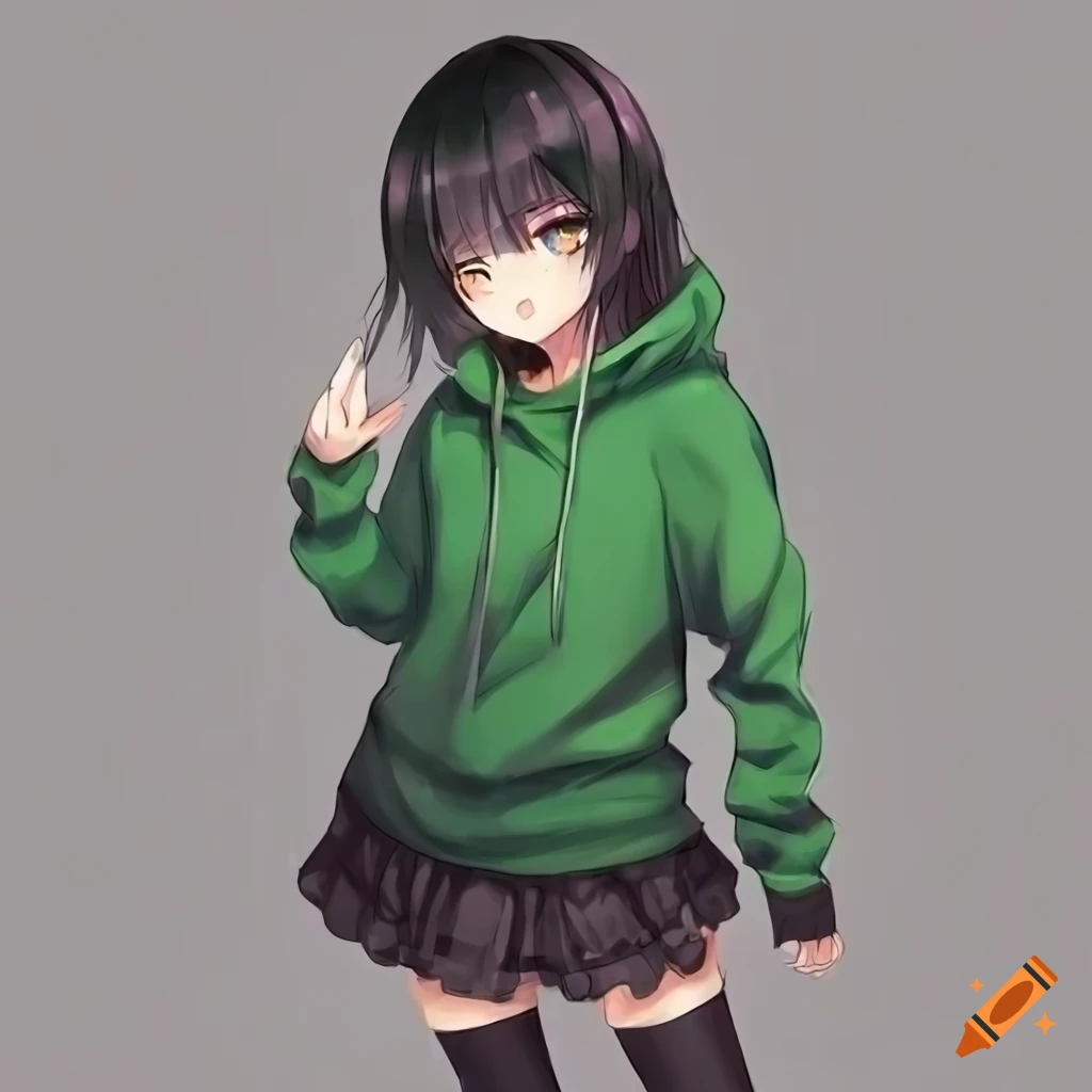 Anime girl with black hair and green eyes wearing green hoodie and ...