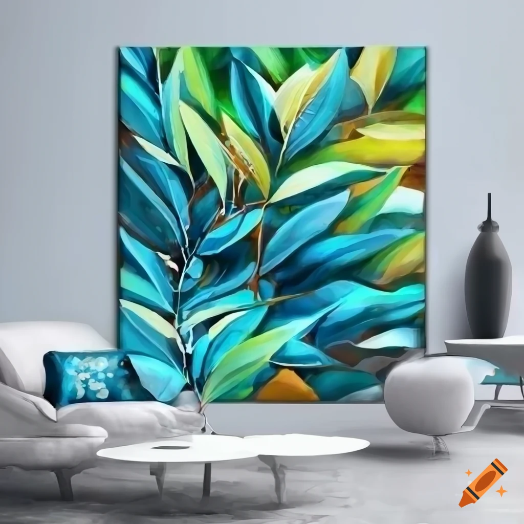 Colorful abstract wall painting with leaves on white background on Craiyon