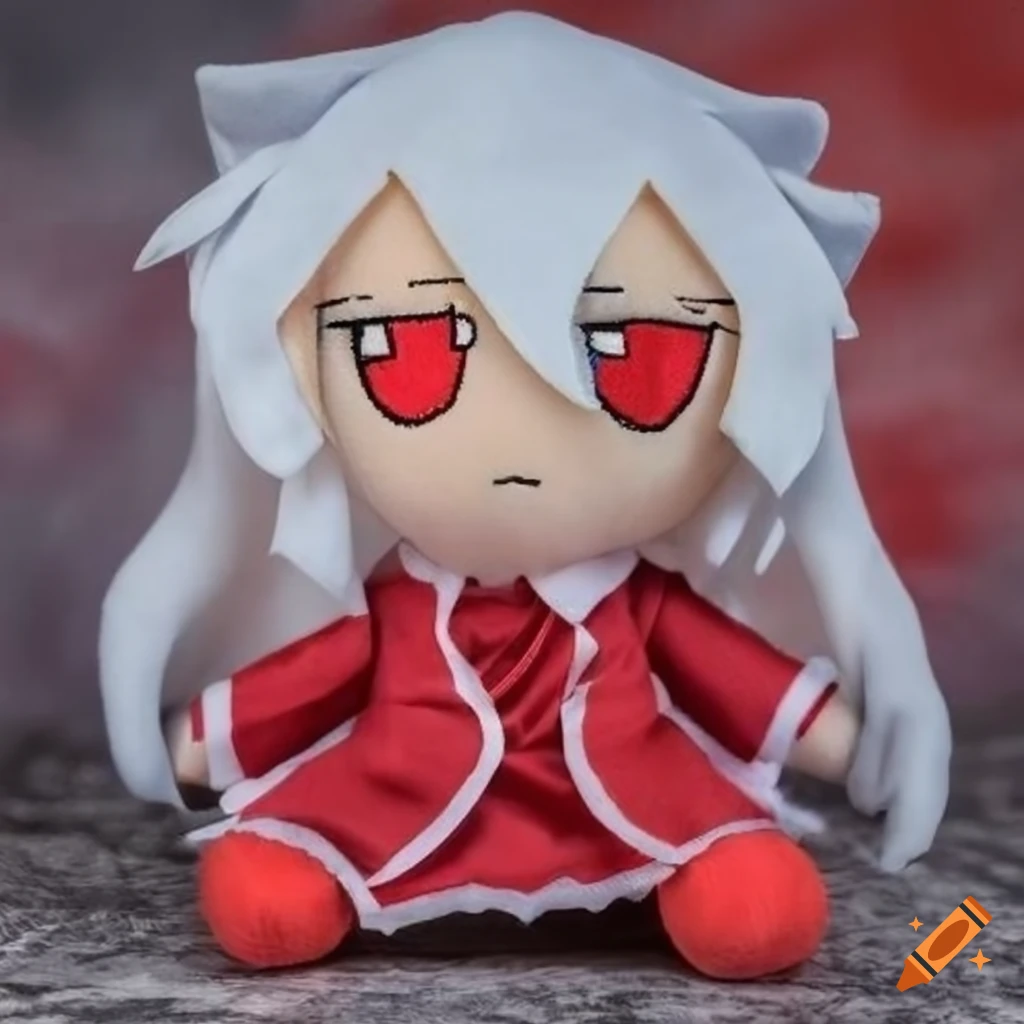 Front facing male Fumo Touhou plush with red open jacket and white long hair