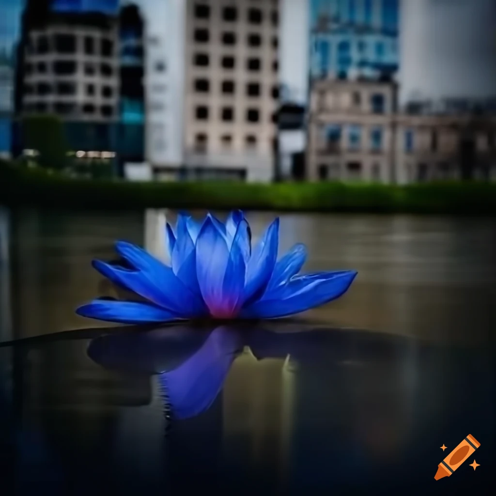Futuristic indigo lotus flower blooming in water with decaying ...