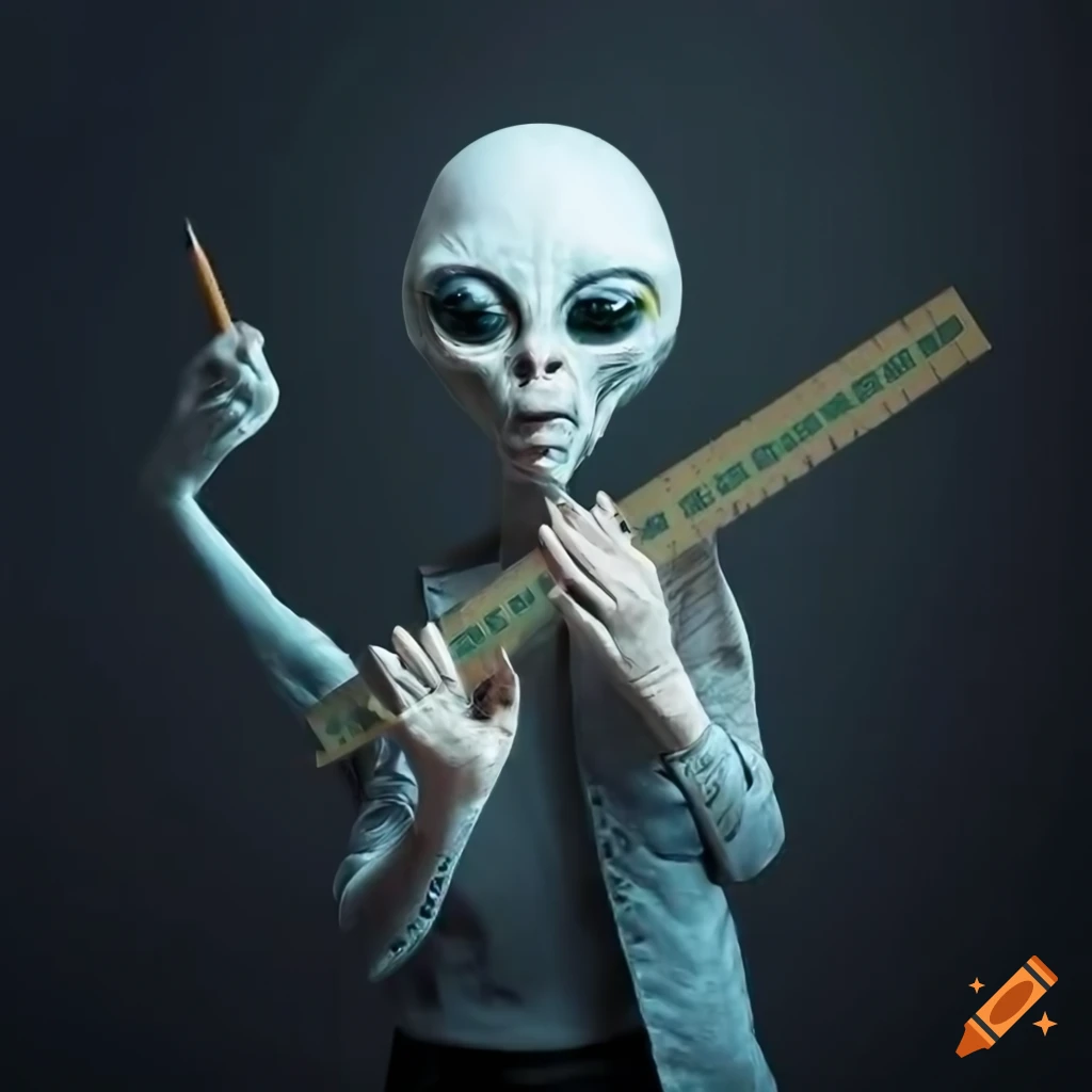 Alien designer with pencil and ruler on gray background