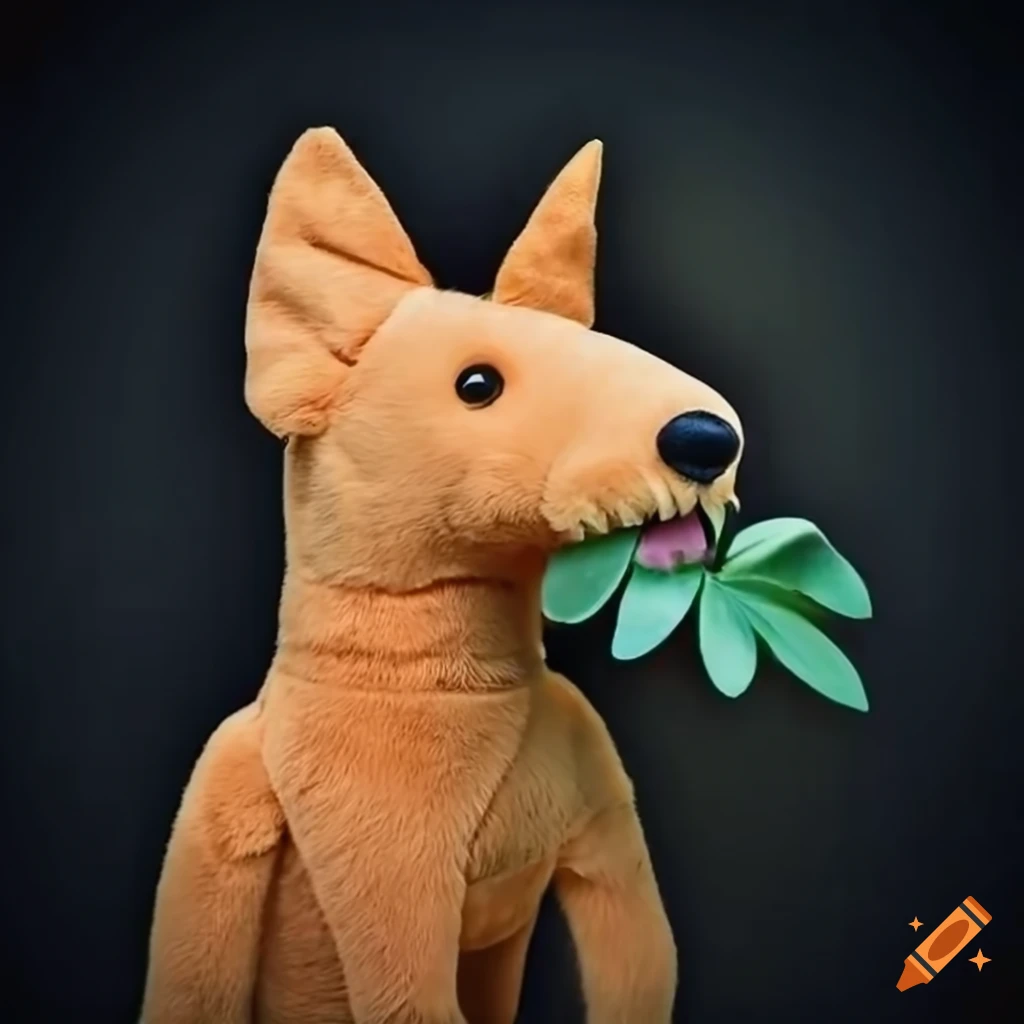 Wild-dog plushie holding a large paper next to a potted plant