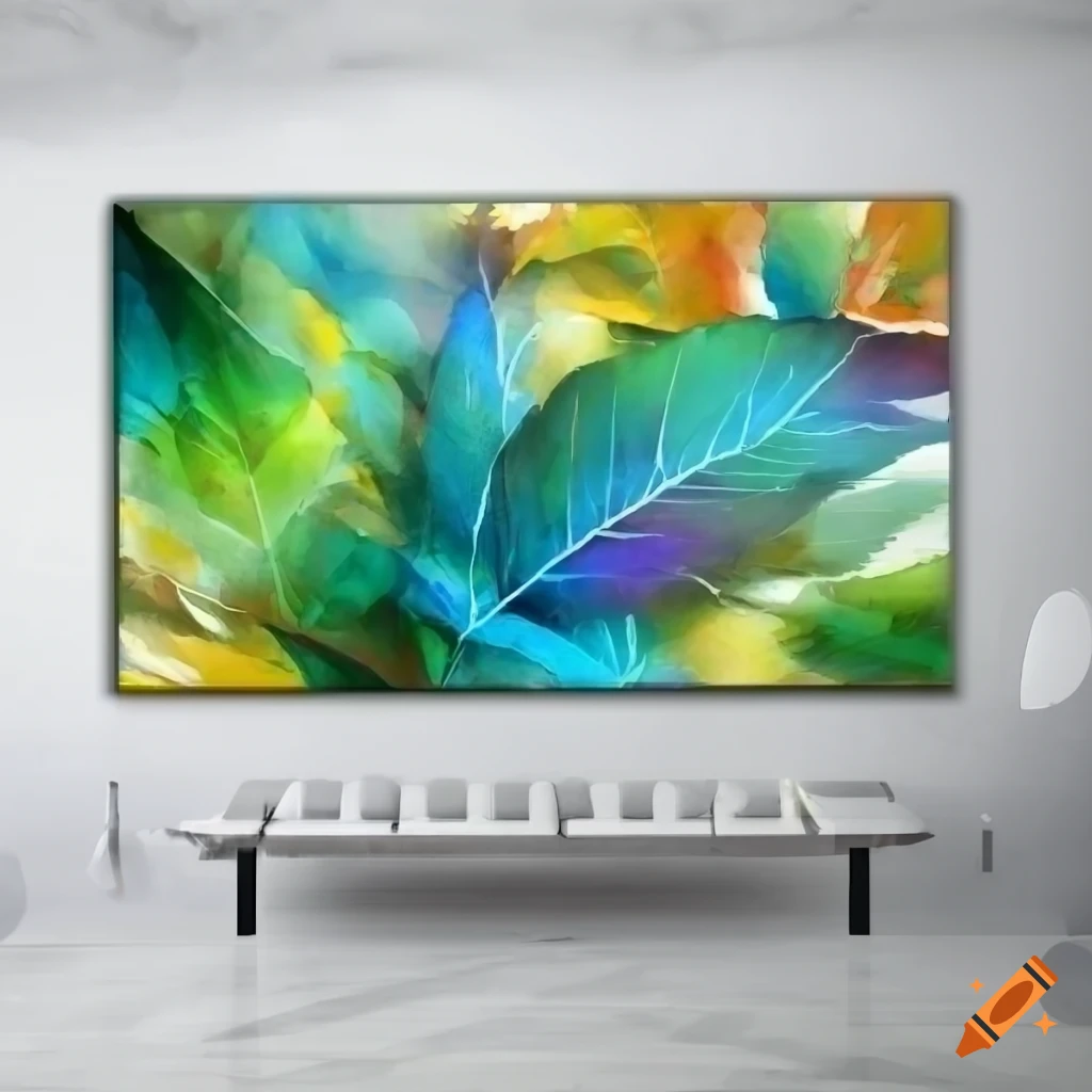 Colorful abstract wall painting with leaves on white background on Craiyon