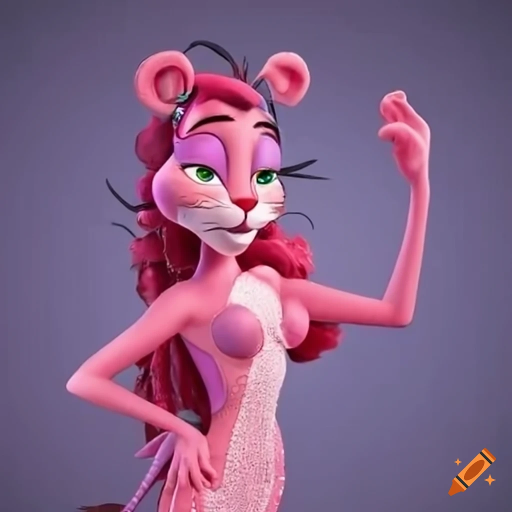 Sophia the Pink Panther in a mermaid costume performing in a packed ballroom