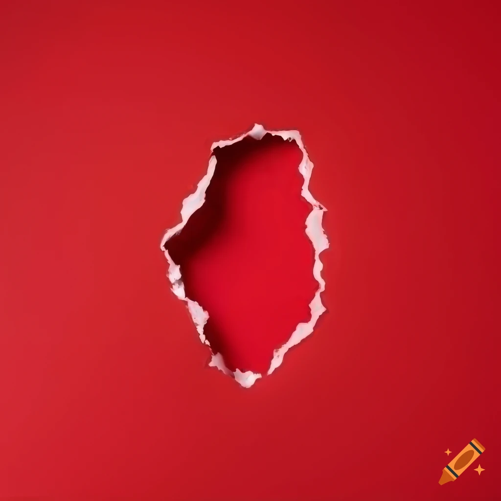 Bright red torn paper pieces arranged in a sharp shape on red ...