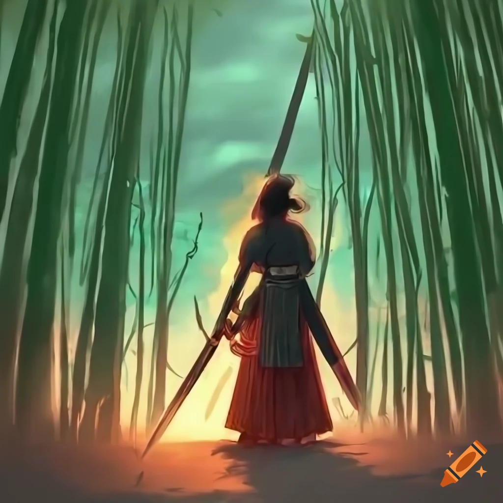 Brave young female samurai among bamboo trees at dawn with sword