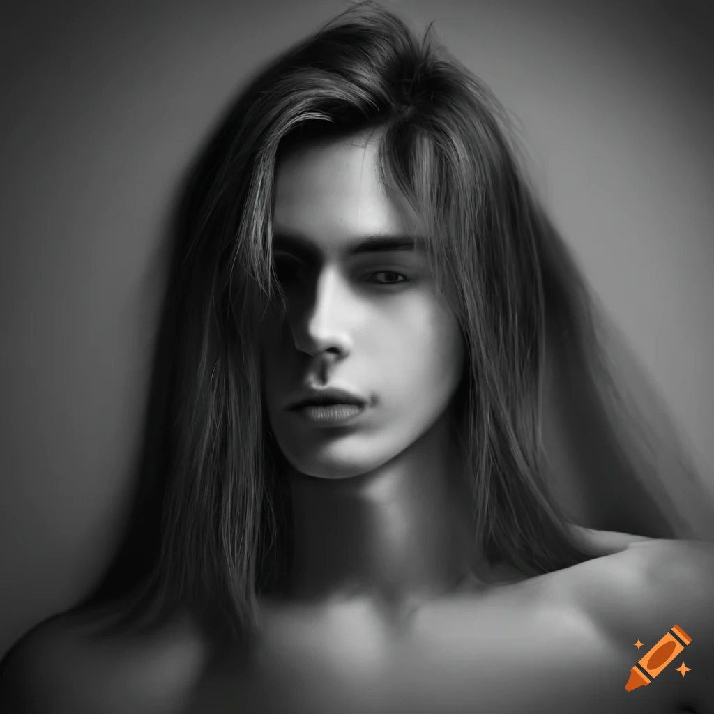 Attractive young man with long black hair lying on a bed in black and