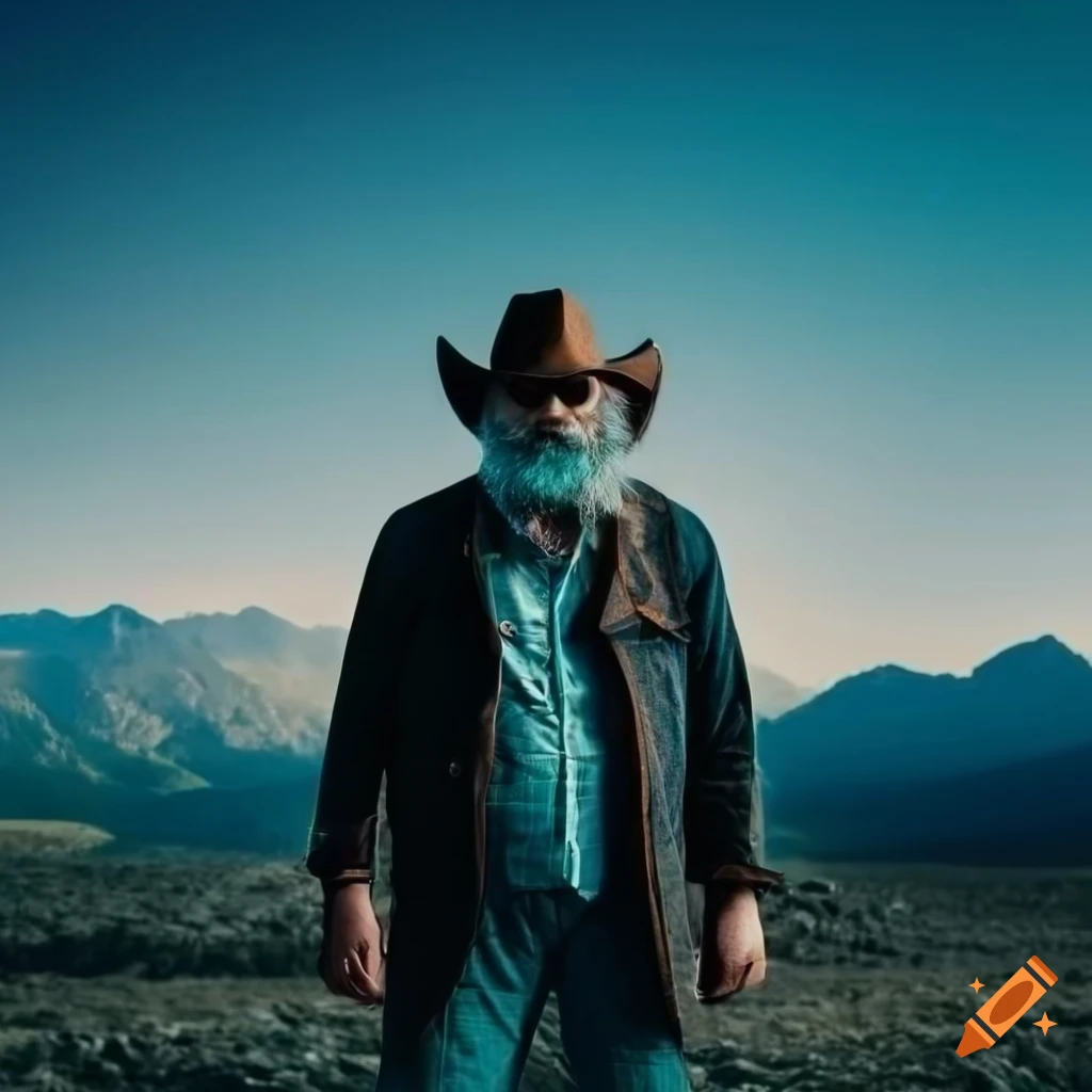 Grey bearded man with cowboy hat and aviator sunglasses with mountains in the background