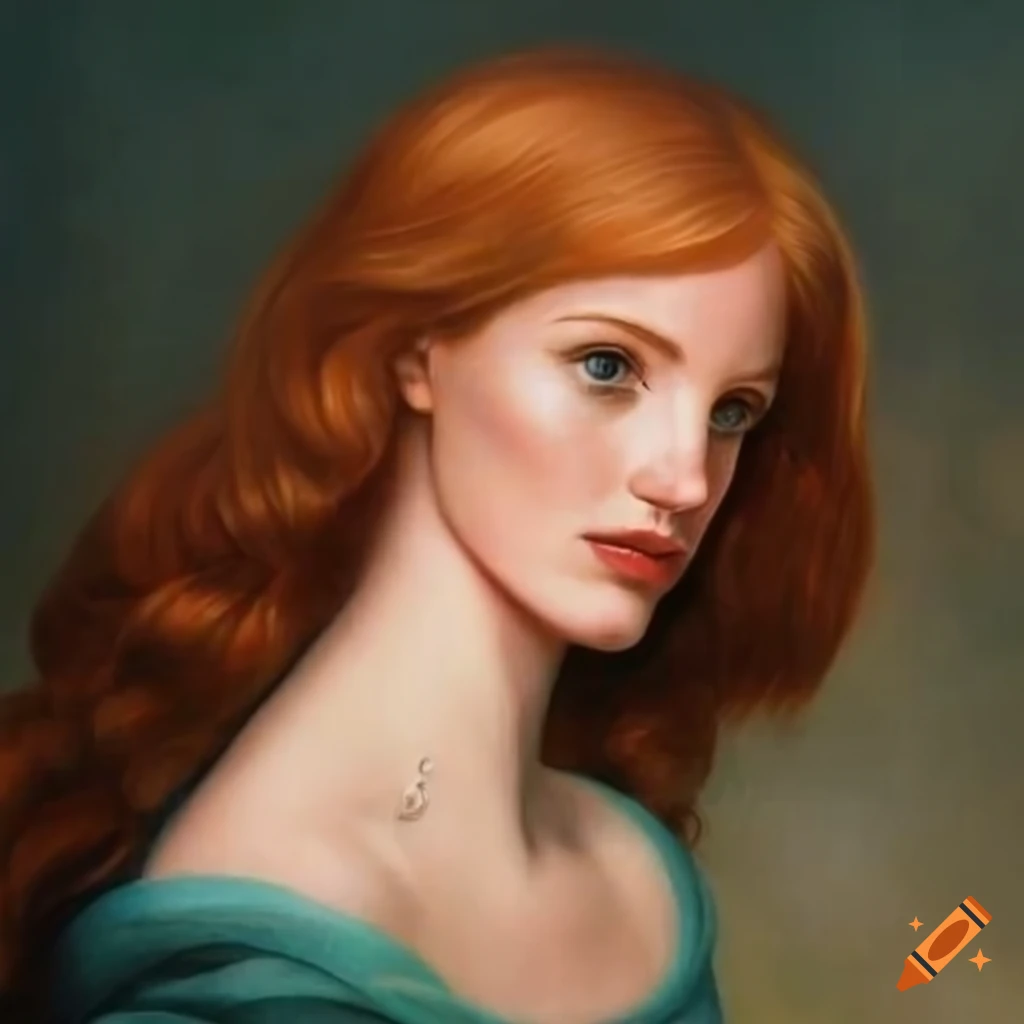 Pre-raphaelite style painting of young jessica chastain on Craiyon