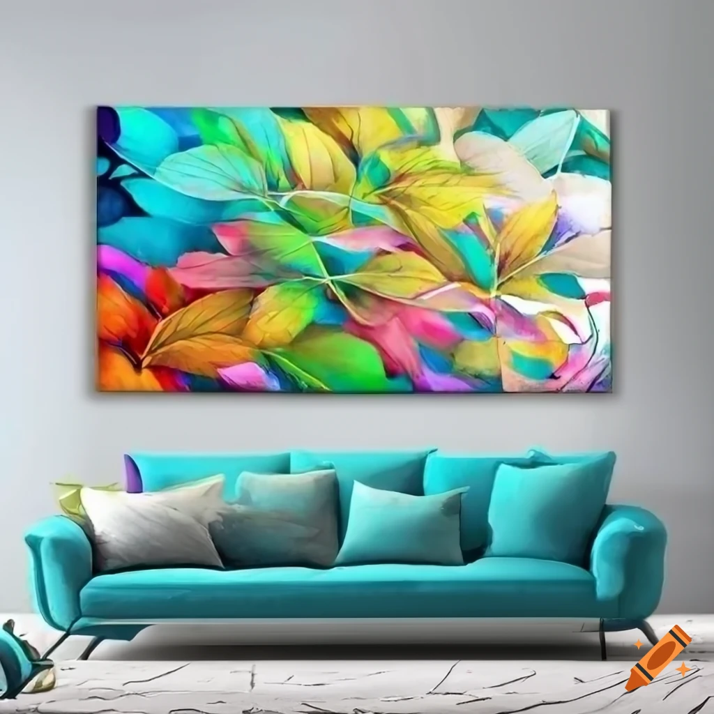 Colorful abstract wall painting with leaves on white background on Craiyon
