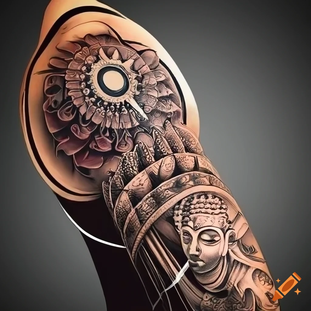 Sleeve tattoo illustration depicting Buddhism's middle path