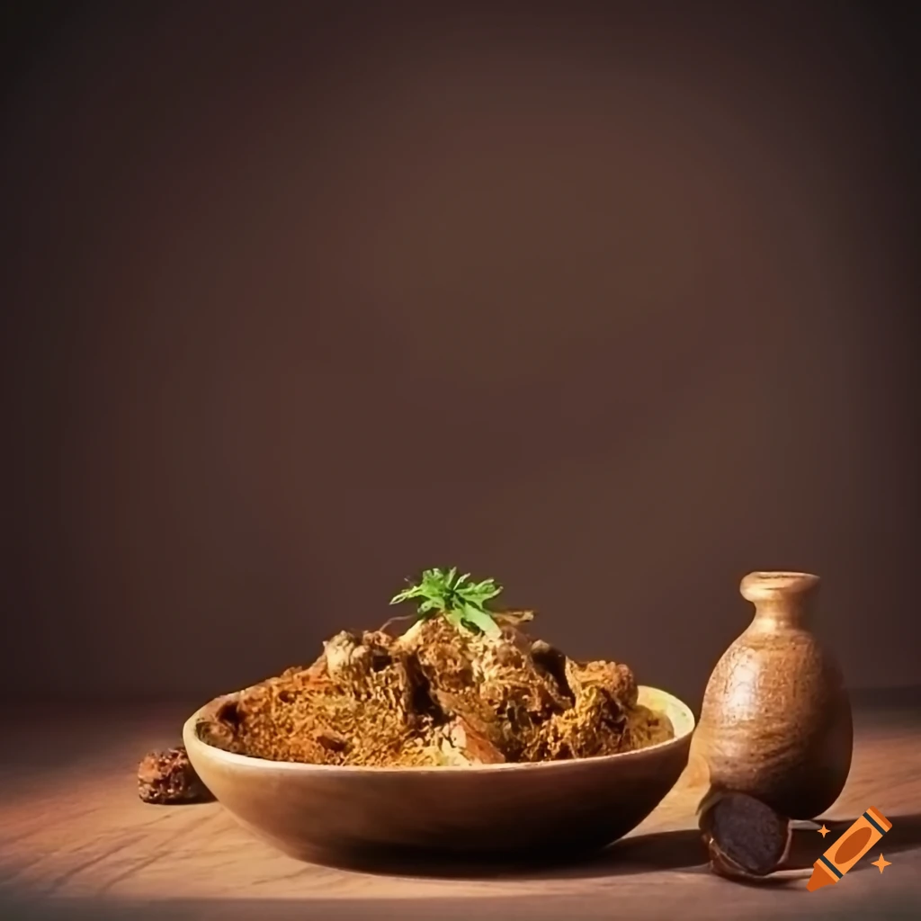 Wooden bowl filled with dry mutton dish and small bowl of brown mutton spice