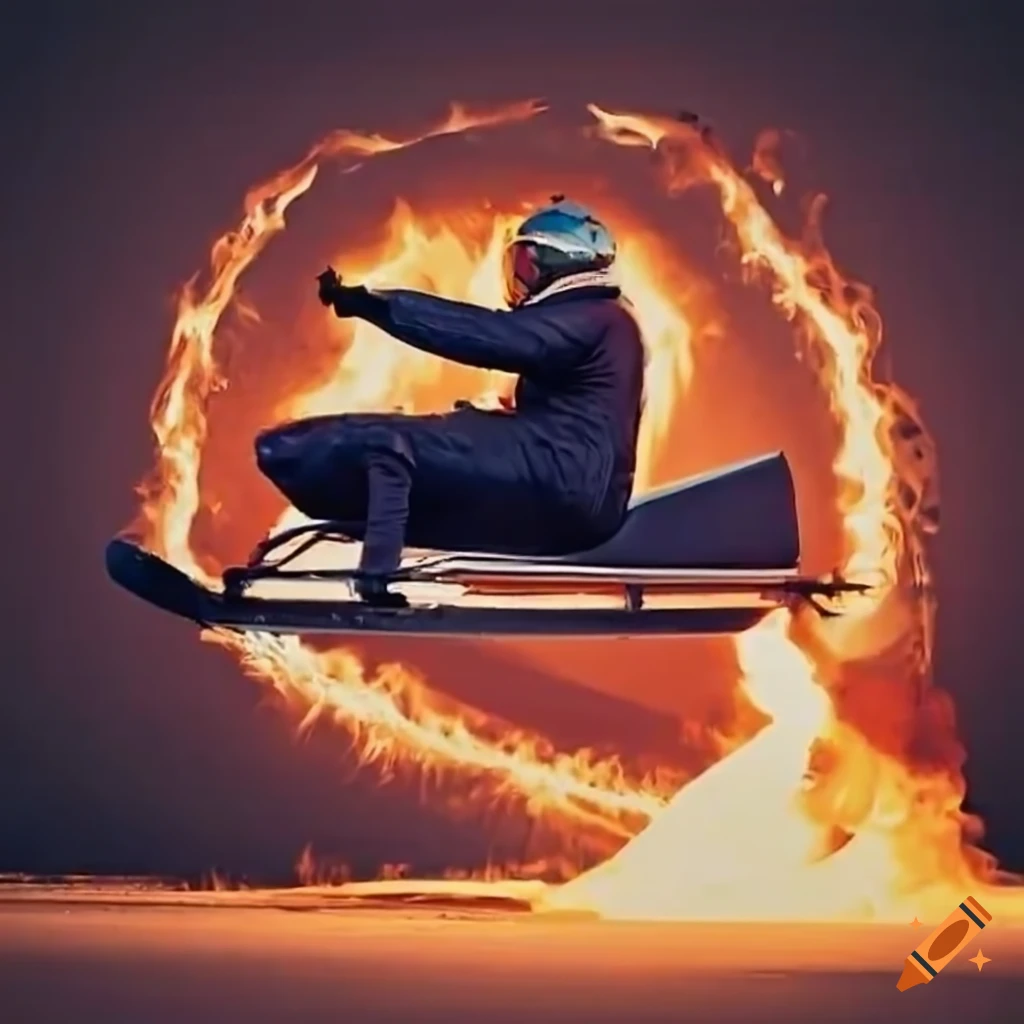 Vintage snowmobile jumping through a ring of fire
