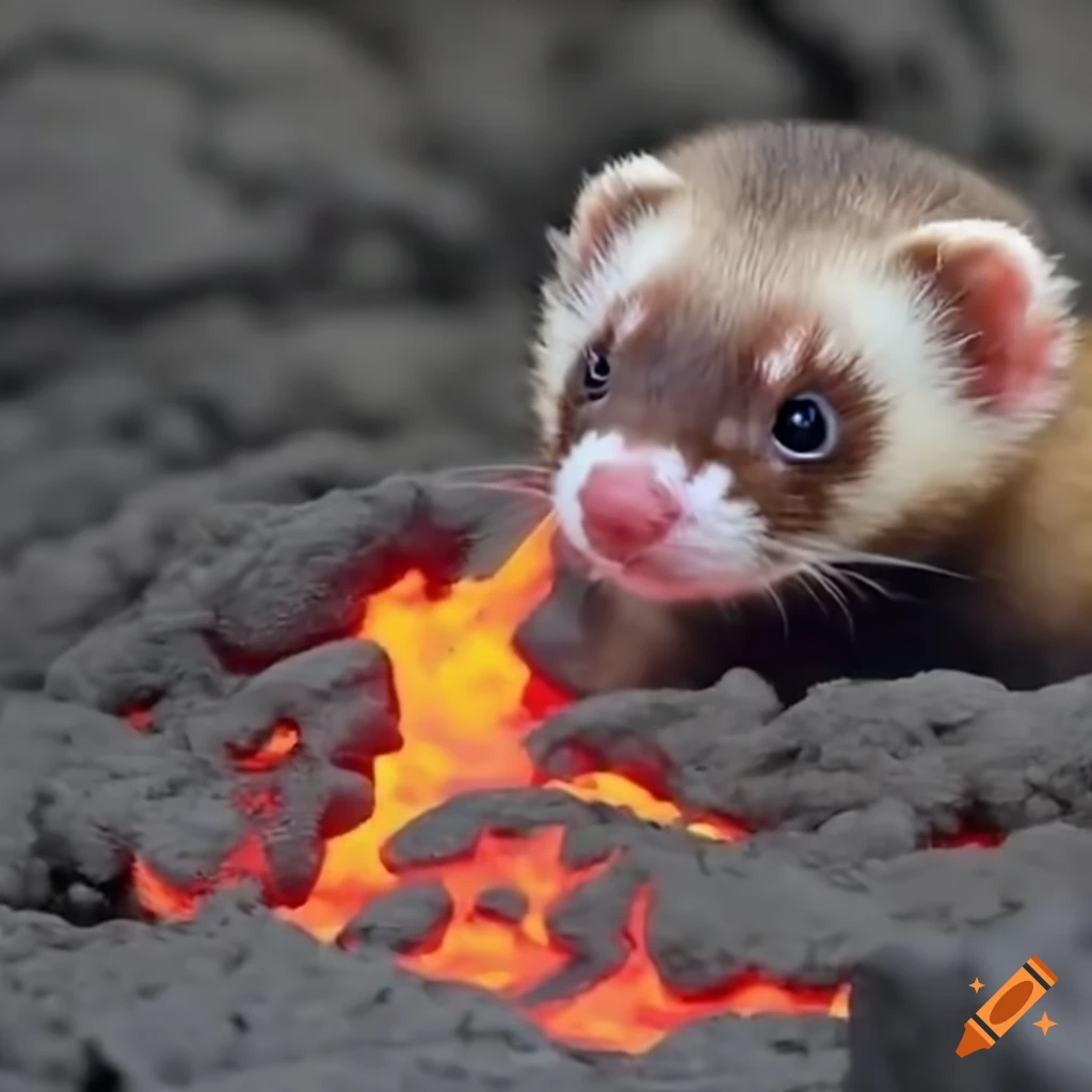 Playful fire ferret jumping over bubbling lava