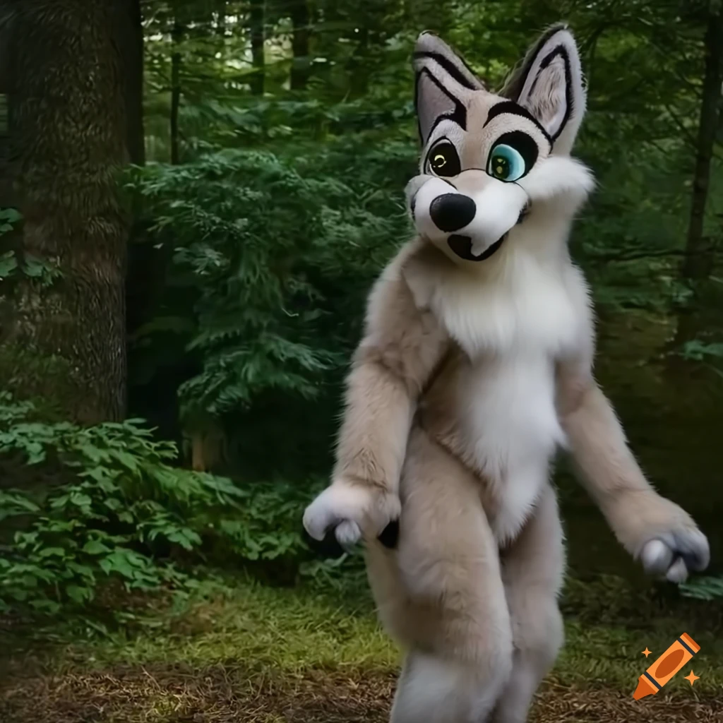 Tall dad in a wolf fursuit standing in a woodland setting