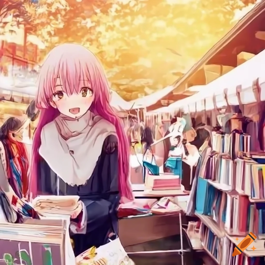Cheerful anime girls reading science books at a crowded outdoor market near the waterfront