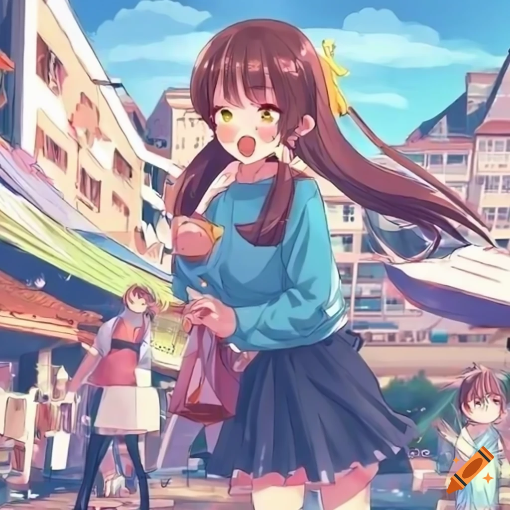 Cheerful anime girls shopping for science books at a waterfront market