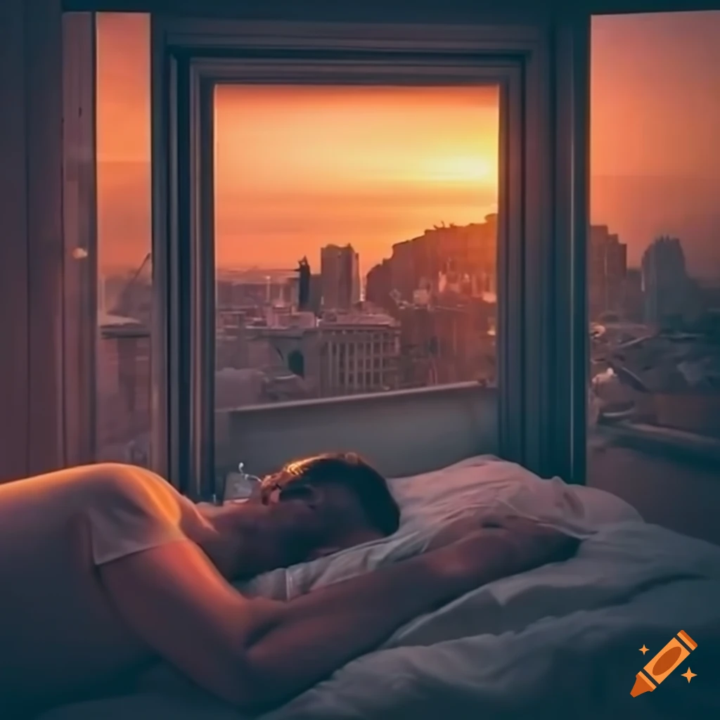 Wide angle view from a bedroom window of a town at sunset with a sleeping man and a desk with digital clock and smartphone