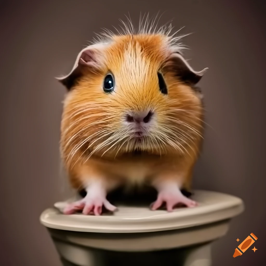 Guinea pig sitting on an old toilet seat, scratching its head and