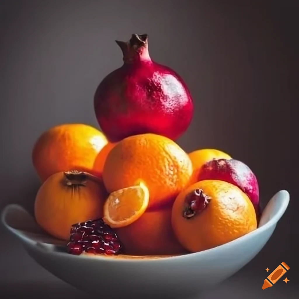 Bowl of oranges and pomegranates with lemon imagery
