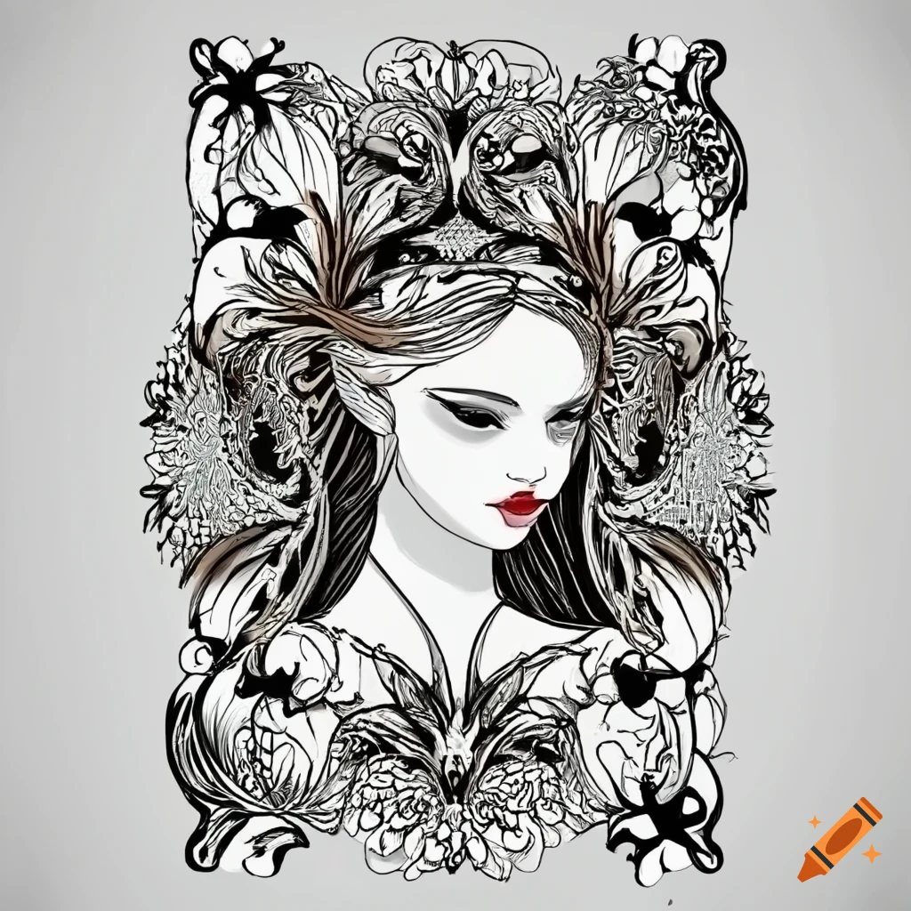 Art nouveau inspired lineart with floral borders in black and white