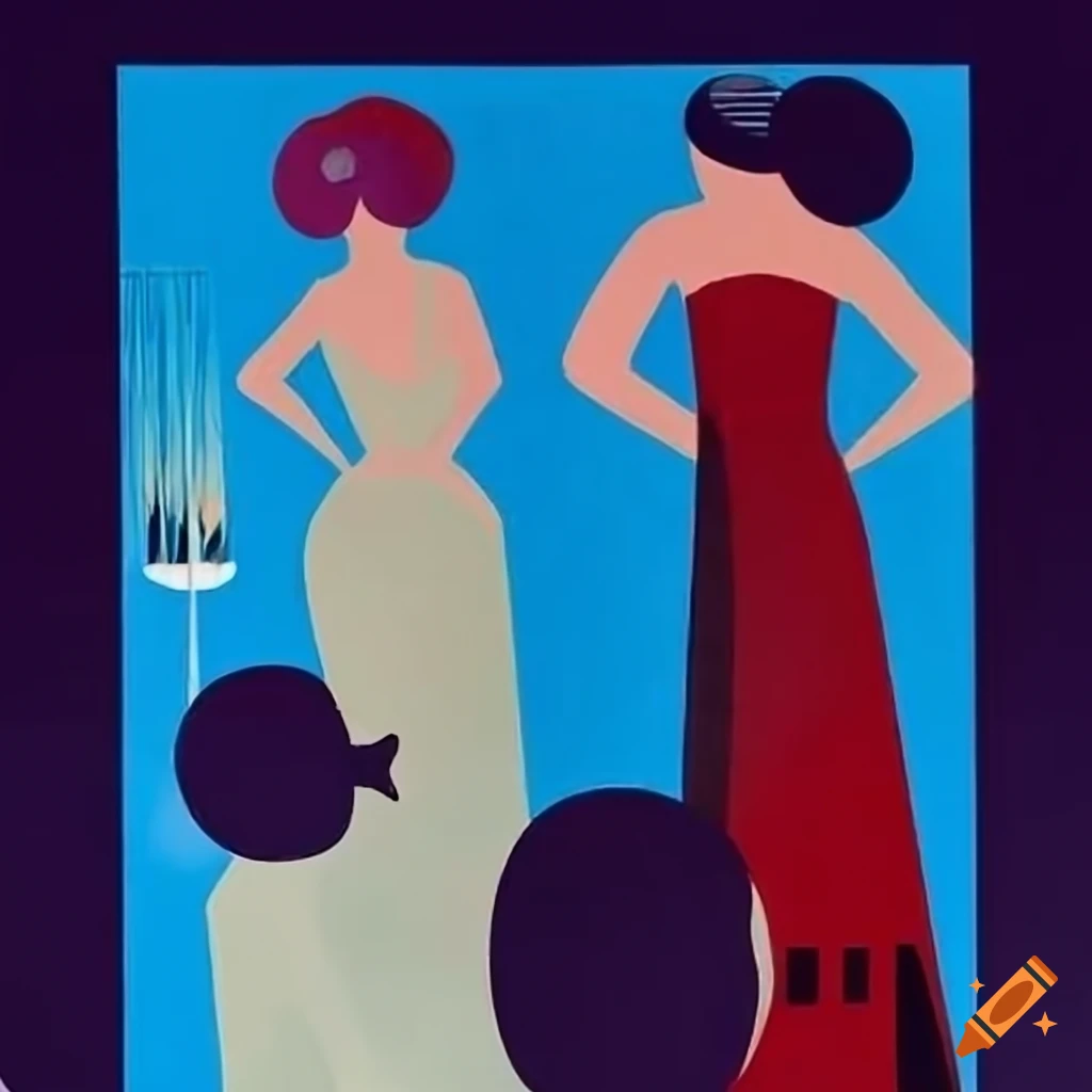 Bauhaus-style room with elegant flapper girls enjoying martinis