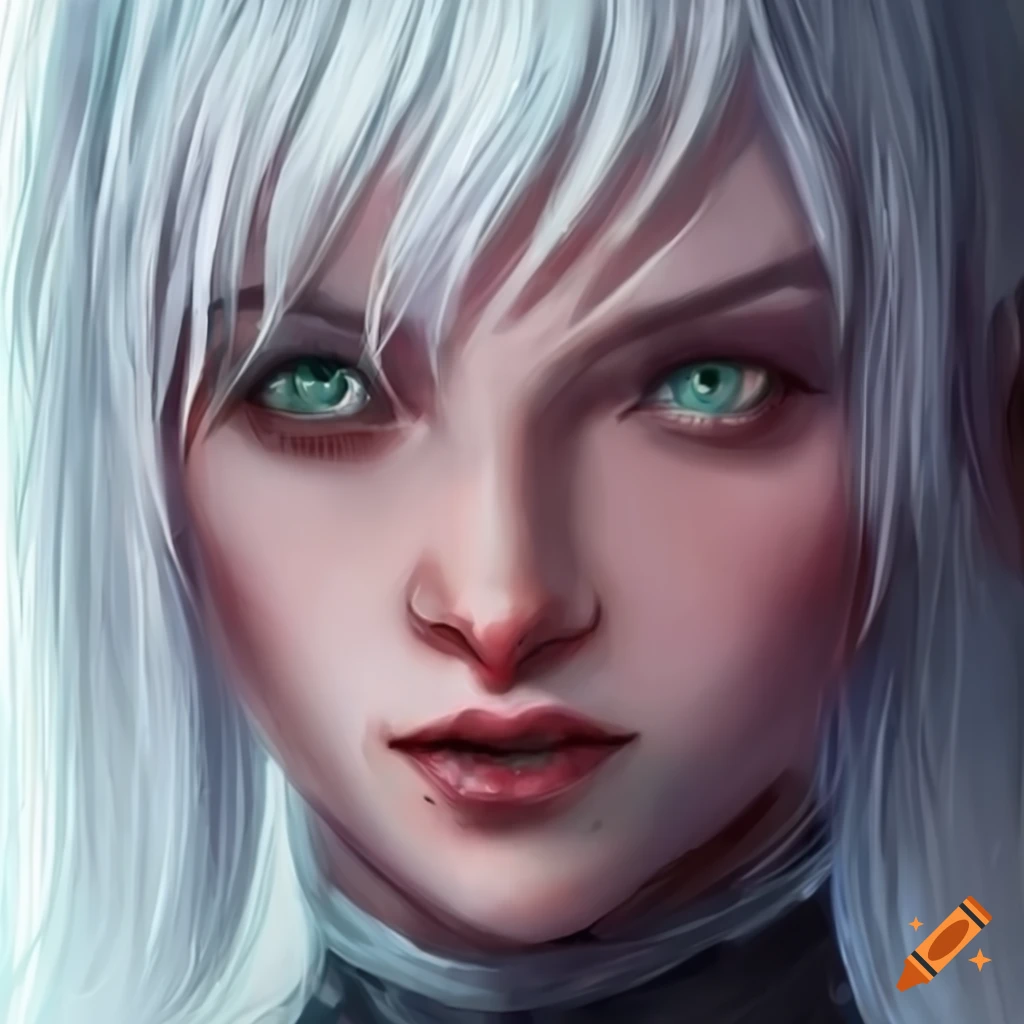 Character art of a young woman with white hair on Craiyon