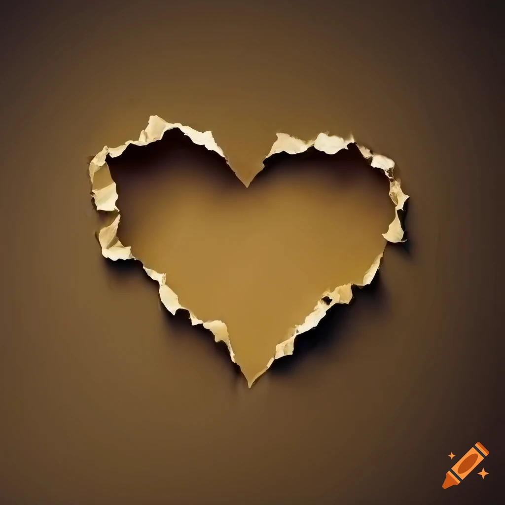 Artistic heart shape made of torn paper on golden background