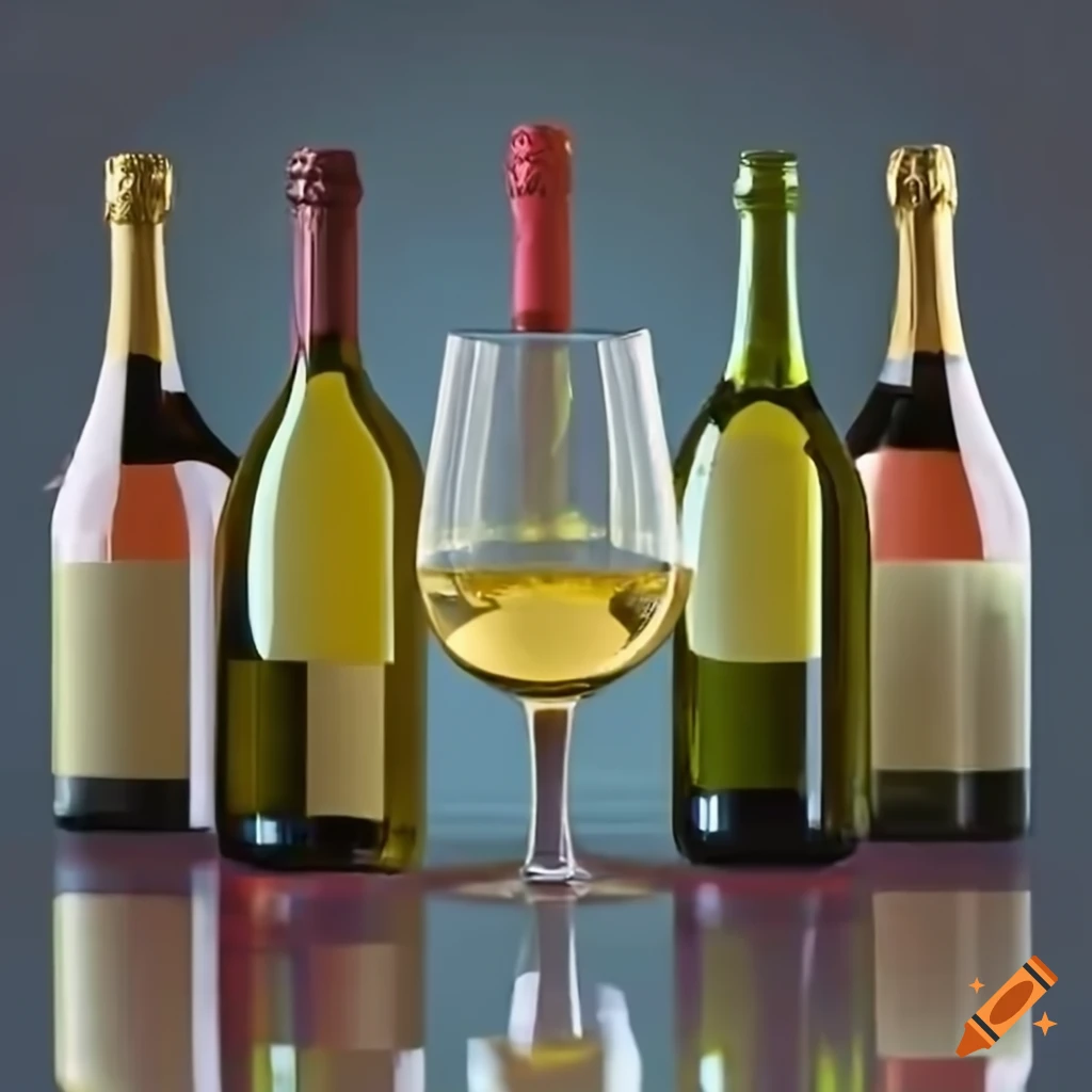 Wine tasting scene with four wine bottles and a glass, people laughing