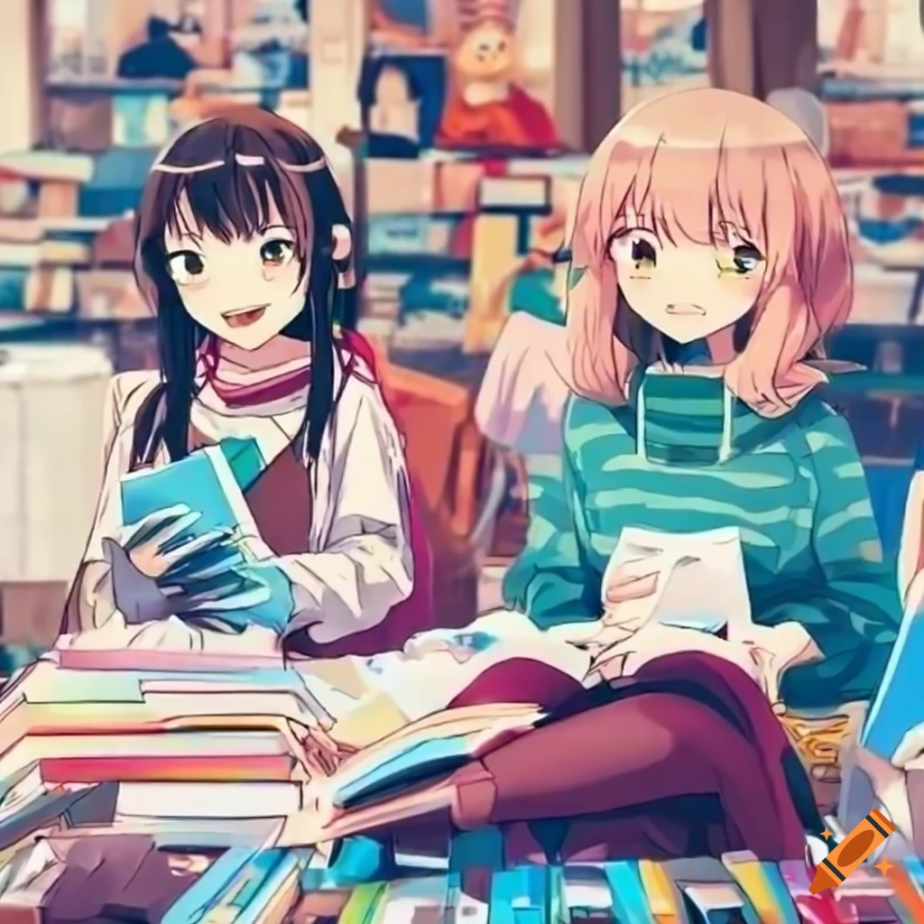 Cheerful anime girls reading science books at a crowded outdoor market near the waterfront