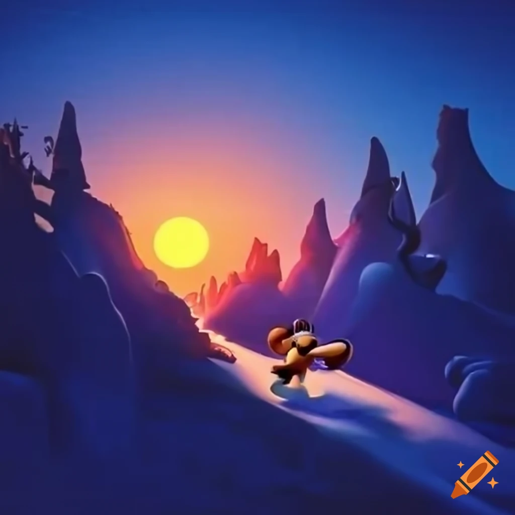 Mickey mouse and minnie mouse sledding near sunset on Craiyon