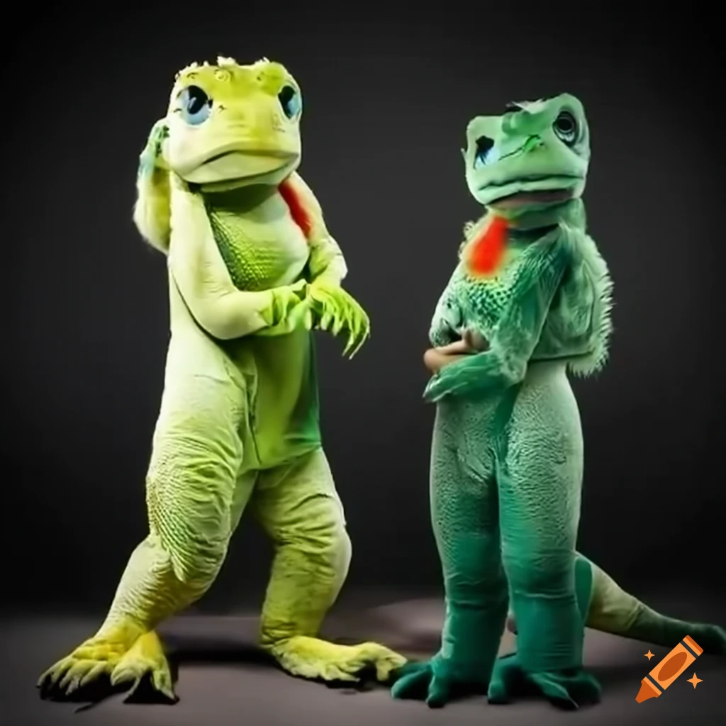 Two female workers in lizard mascot costumes at the zoo