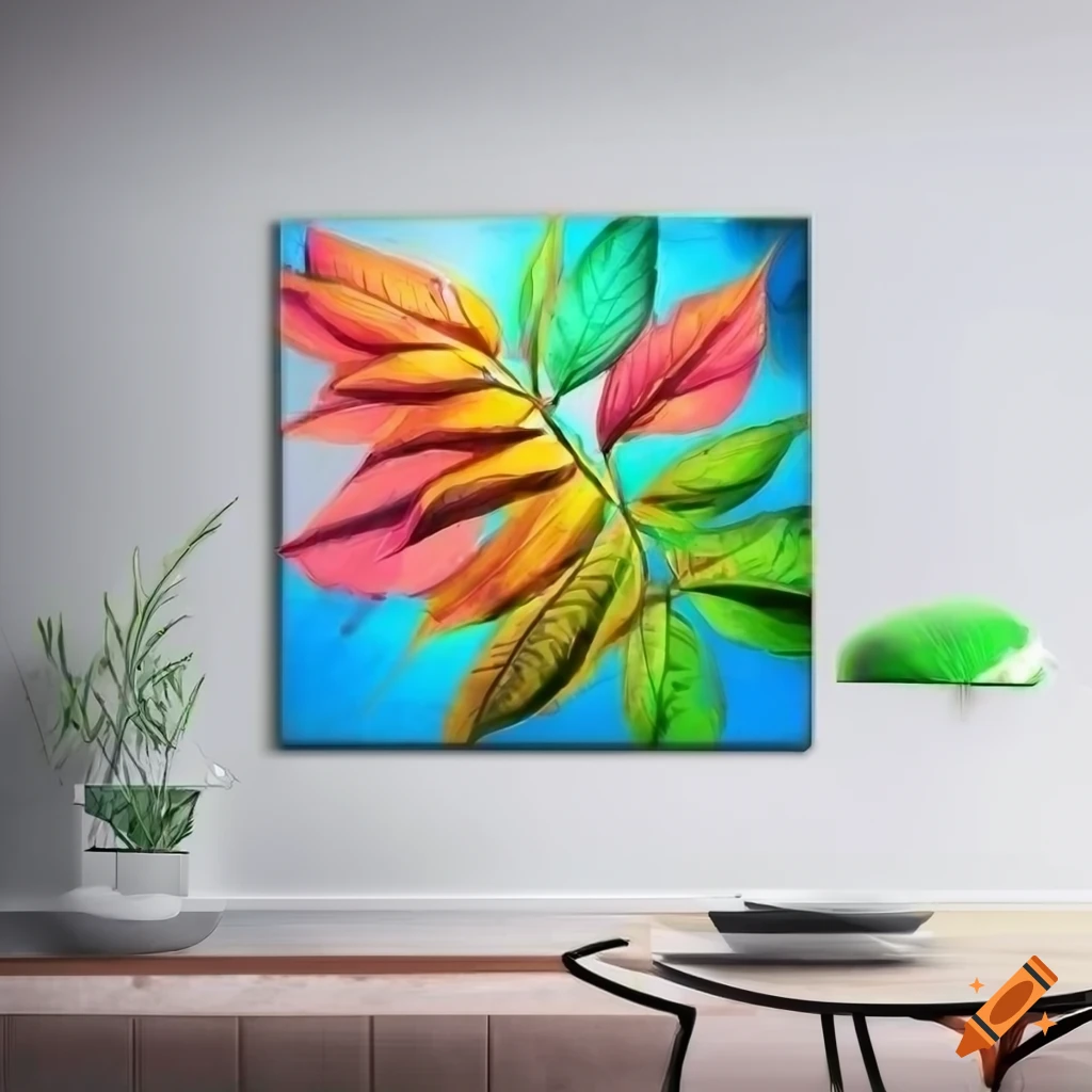 Colorful abstract wall painting with leaves on white background on Craiyon