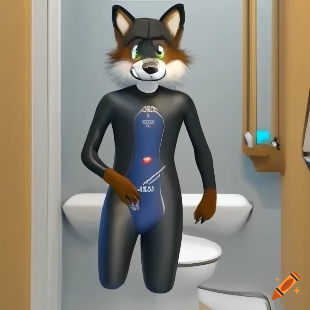 Anthro male fox furry in black rubber triathlon wetsuit