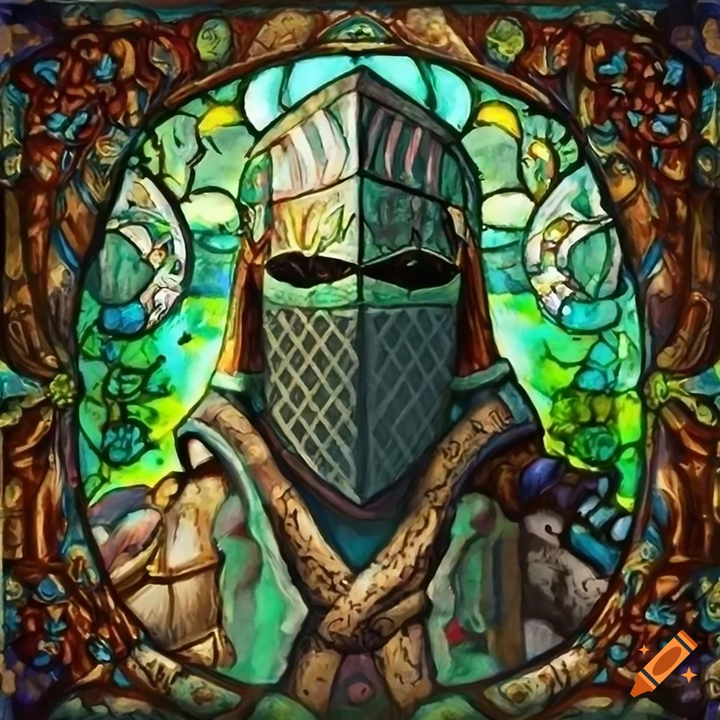 Lavitz knight D&D RPG fantasy character in stained glass style with green color