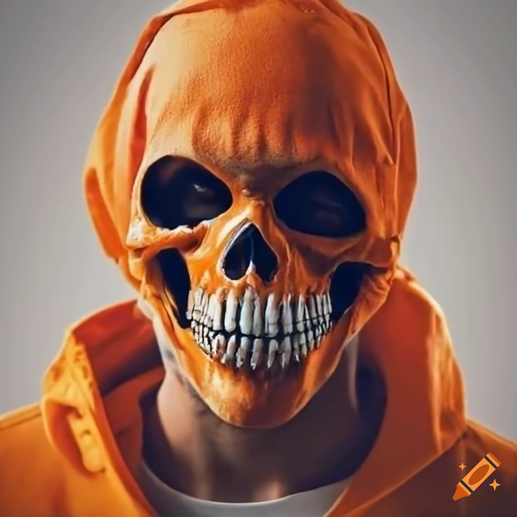 Man wearing an orange skull mask and jacket with a white undershirt