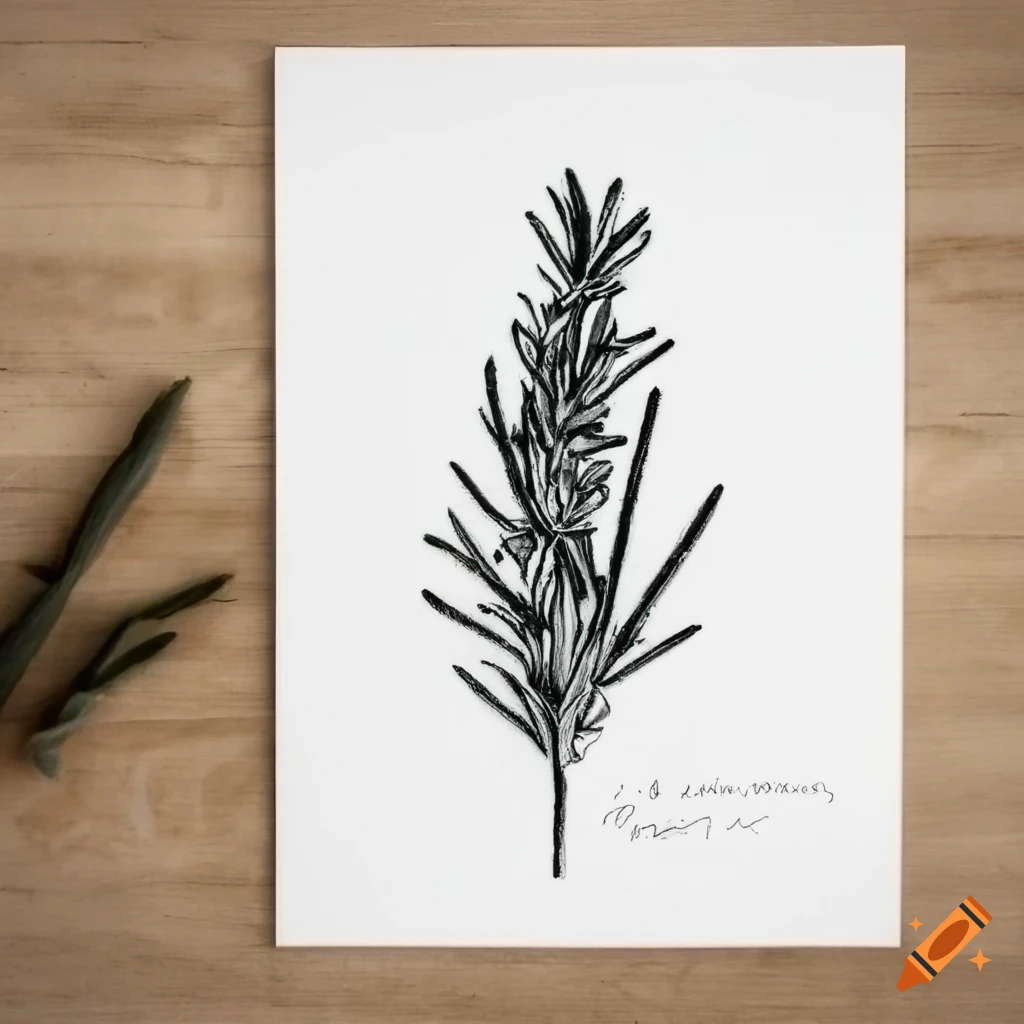 Botanical drawing of rosemary sprig in black ink on Craiyon
