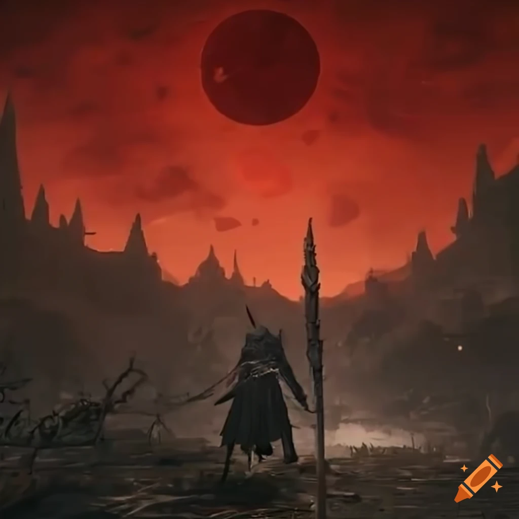 Elden ring and bloodborne characters in a standoff under a blood moon with rivers of blood