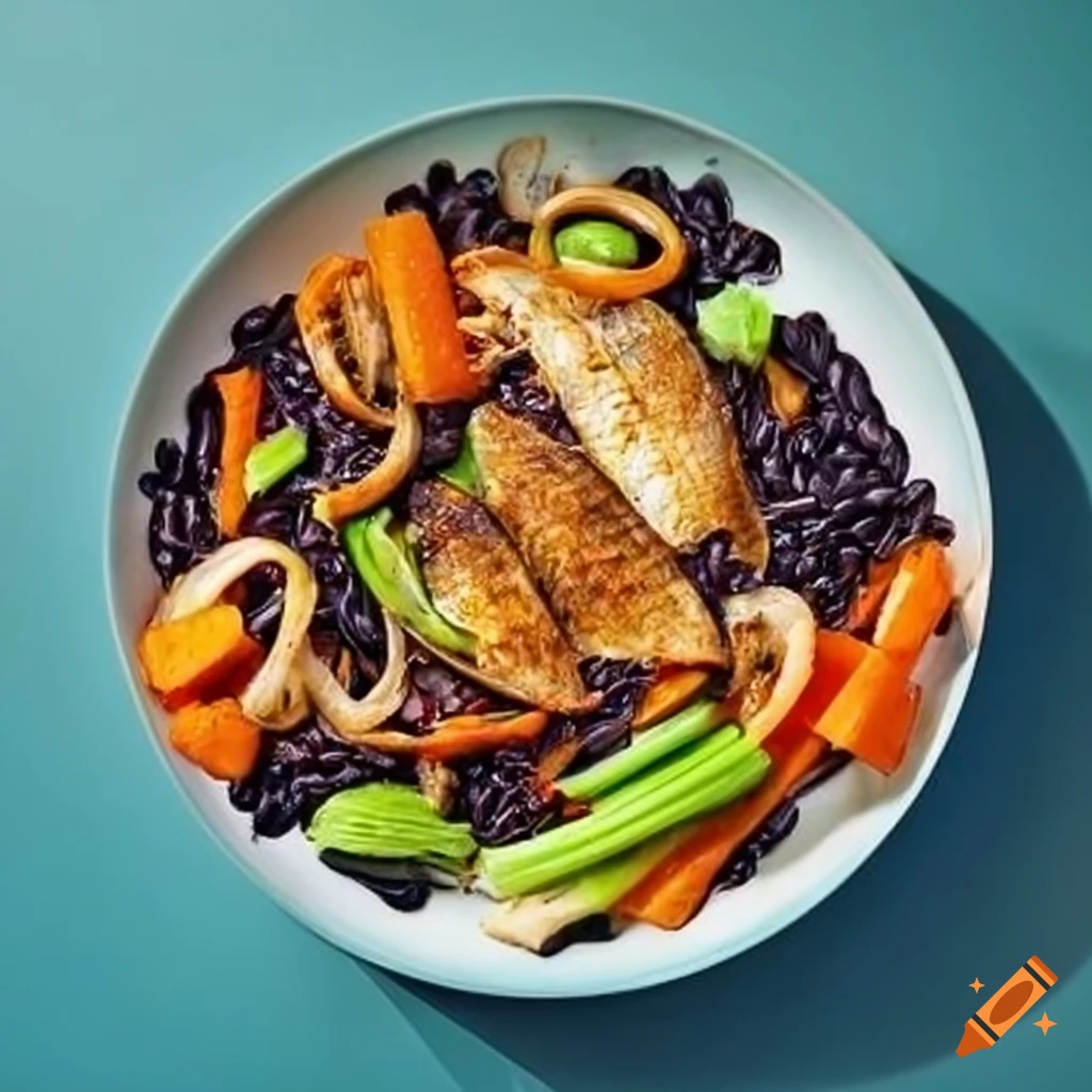 Tilapia stirfry with black rice, carrots, and celery on Craiyon