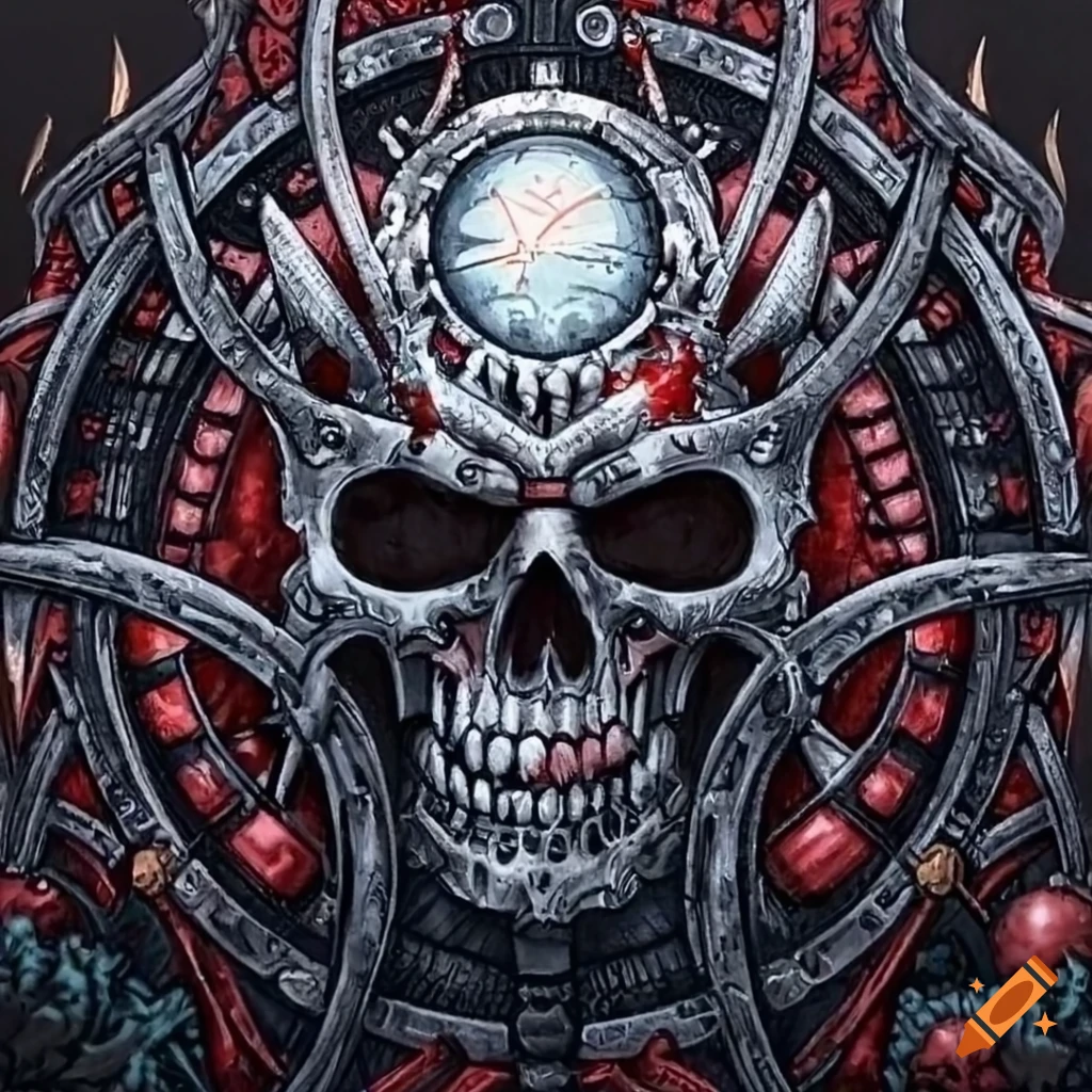 Biomechanical skull with bloody bandage in a Paul Booth style