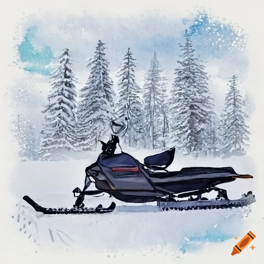 Snowmobile driving in snowy forest in watercolor style on Craiyon