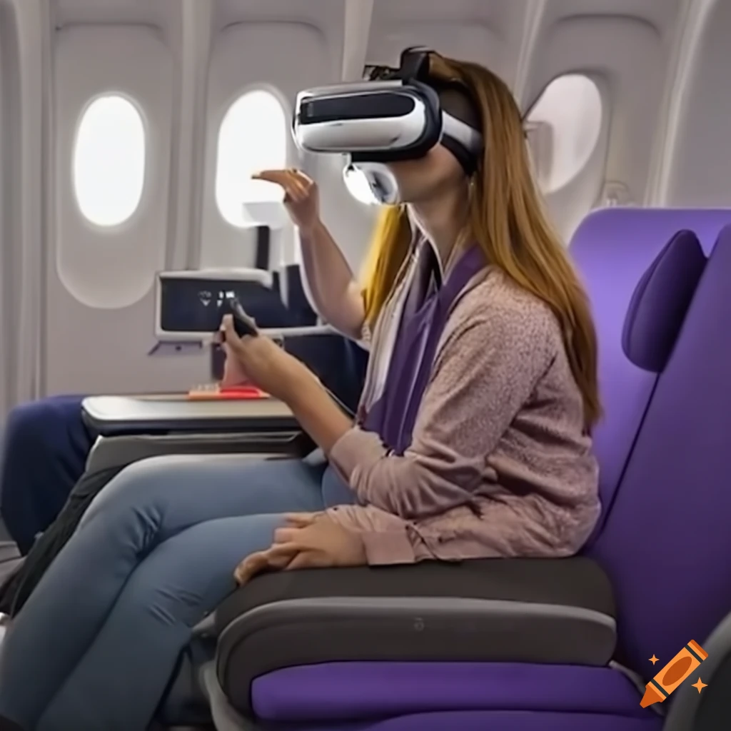 Airline passengers wearing virtual reality headsets in a packed cabin