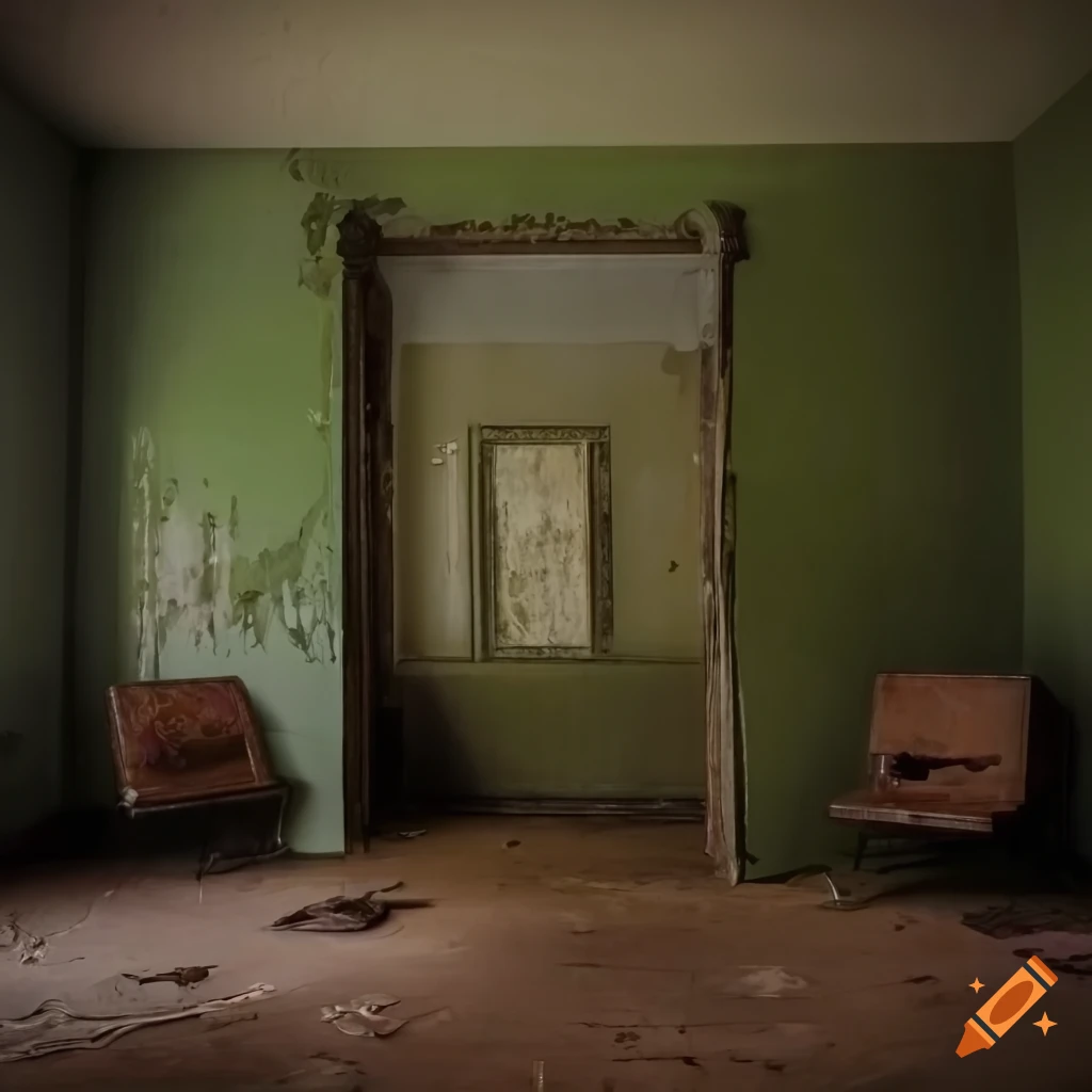 Abandoned ornate room with peeling paint leading to a dark office with