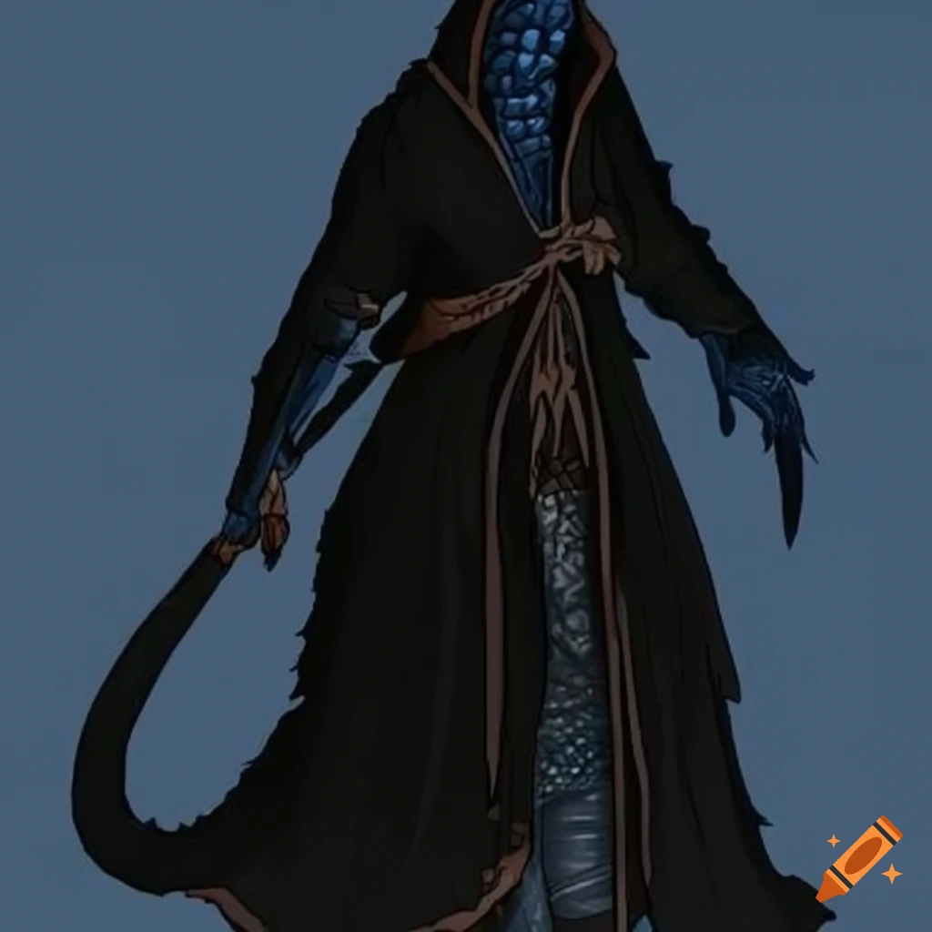 Blue dragonborn in tattered black robes