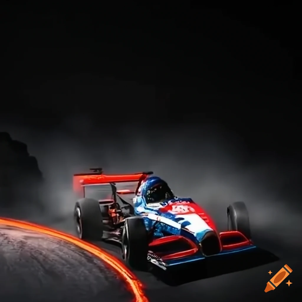 Racecar navigating a corner with lava surroundings